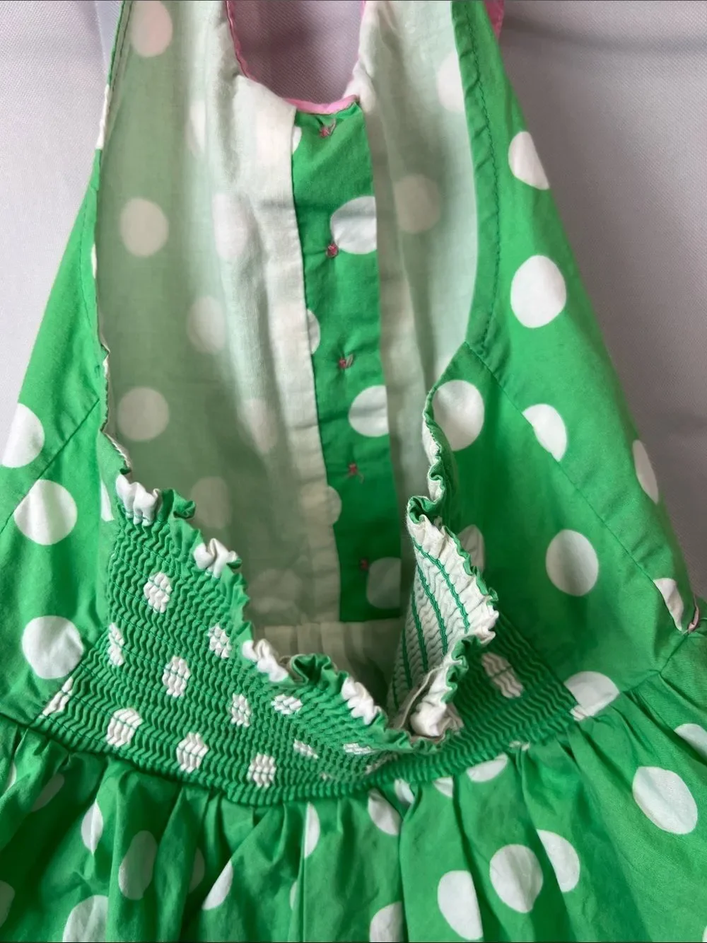 Mini Boden green and white polkadot smocked back halter dress Peter Pan collar